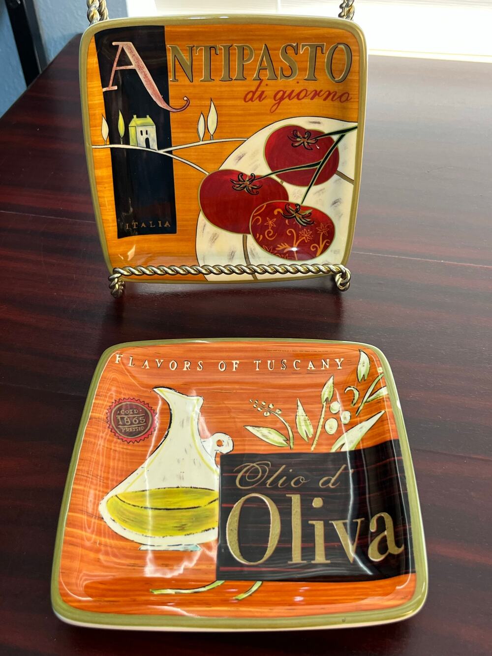 Pier 1 Cucina 6" Square Appetizer Dessert Plates Set of 2 Hand Painted
